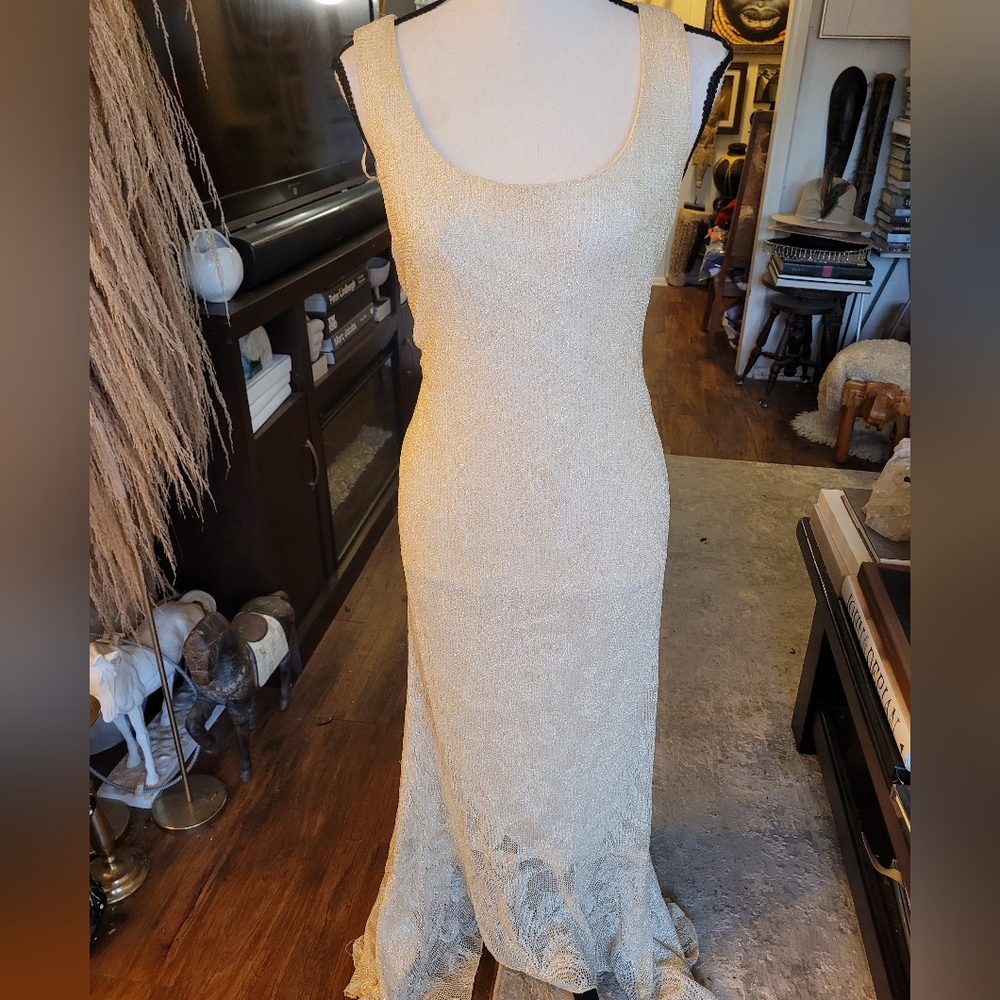 R & M Richards Elegant Beige Maxi Dress